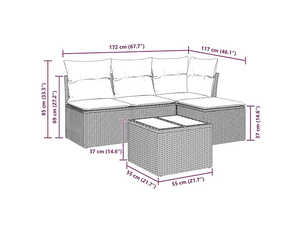 5-delige Loungeset met kussens poly rattan beige
