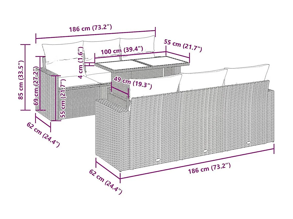 Set Divani da Giardino 7 pz con Cuscini Beige in Polyrattan