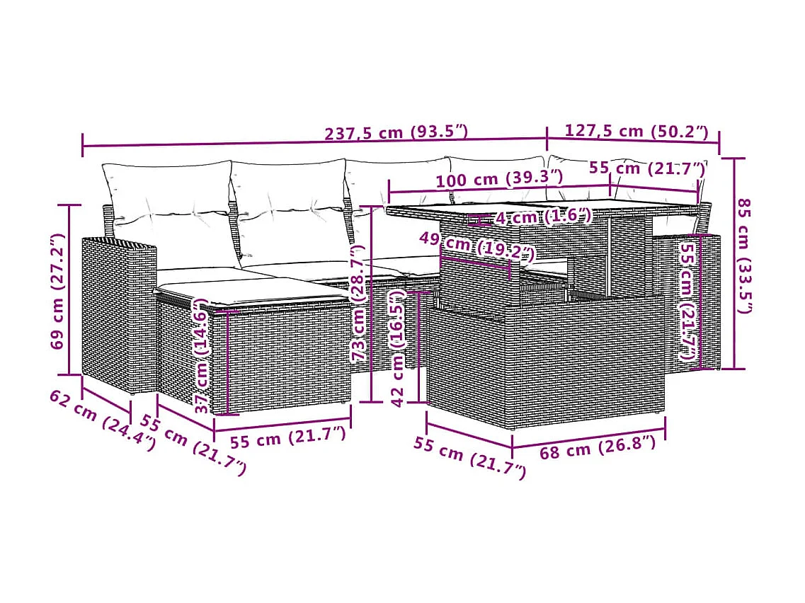 Salon de jardin avec coussins 7 pcs beige résine tressée