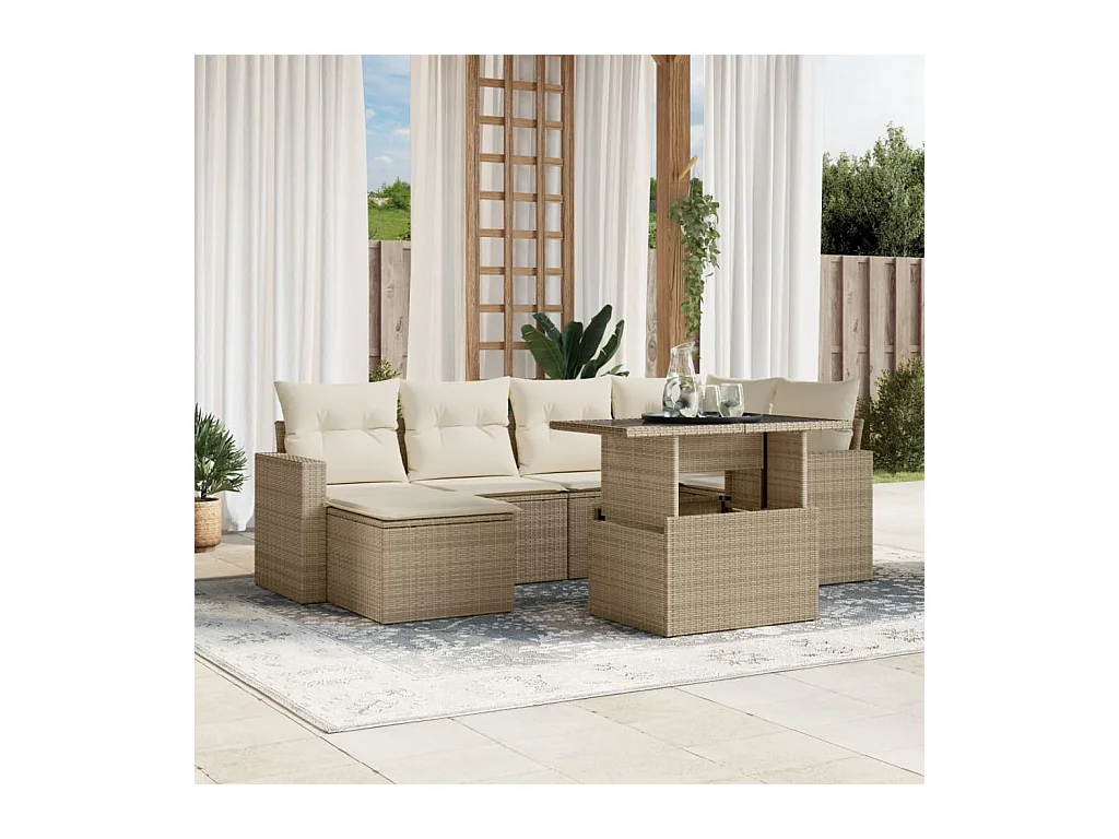 Set Divani da Giardino 7 pz con Cuscini Beige in Polyrattan