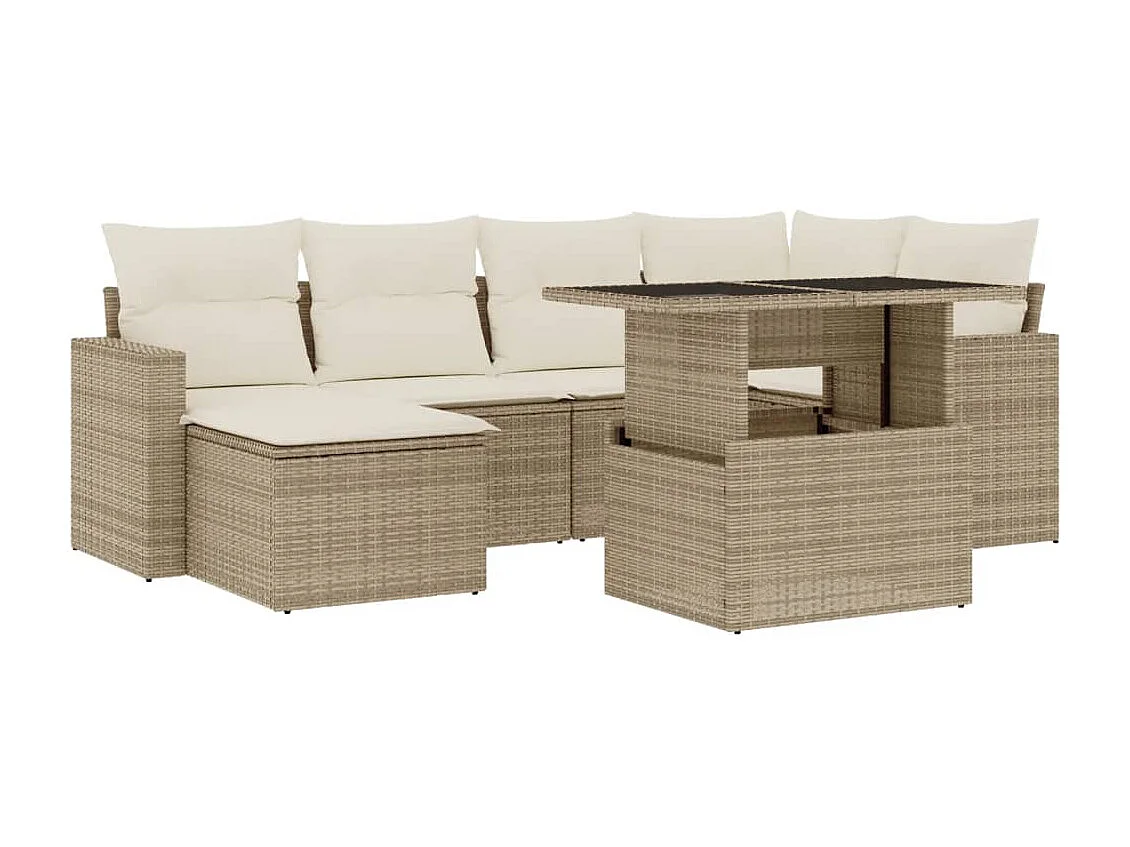 7-delige Loungeset met kussens poly rattan beige