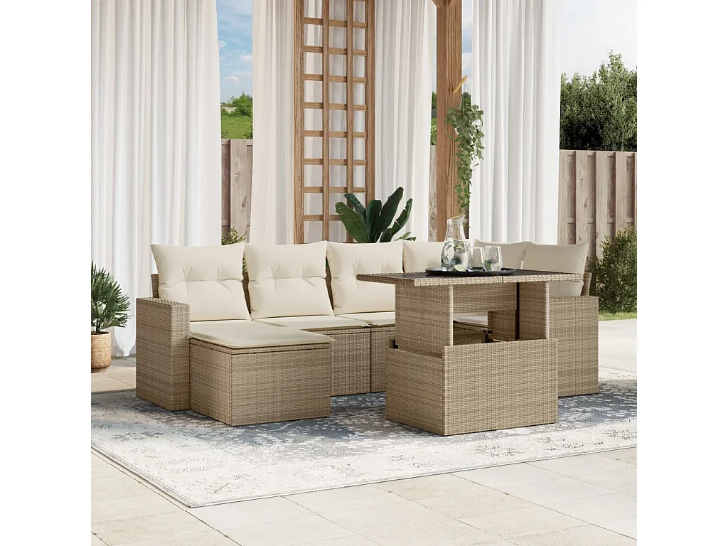 Set Divani da Giardino 7 pz con Cuscini Beige in Polyrattan