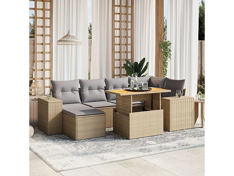 Salon de jardin avec coussins 7 pcs beige résine tressée