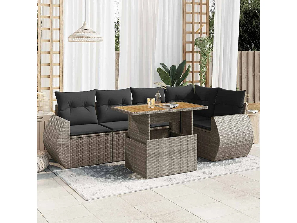 Salon de jardin 6 pcs avec coussins gris résine tressée
