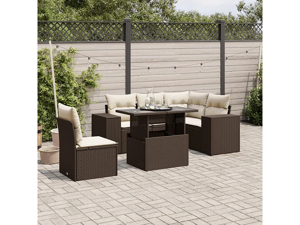 Set sofás de jardín 6 piezas y cojines ratán sintético marrón