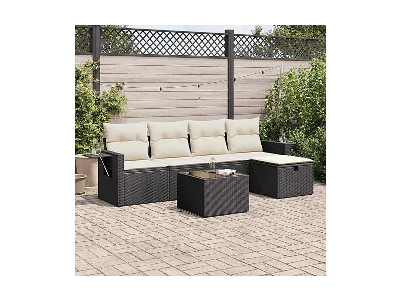 Salon de jardin 6 pcs avec coussins noir résine tressée