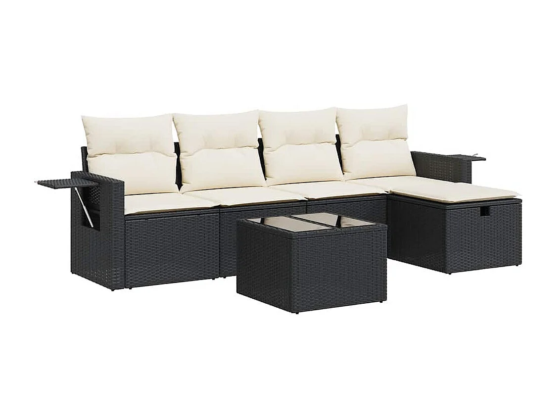 Salon de jardin 6 pcs avec coussins noir résine tressée