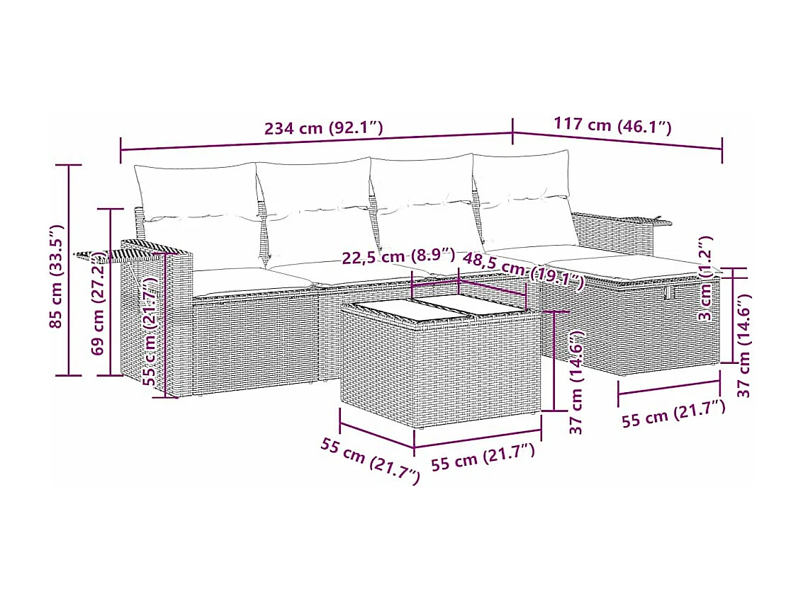 Salon de jardin 6 pcs avec coussins noir résine tressée