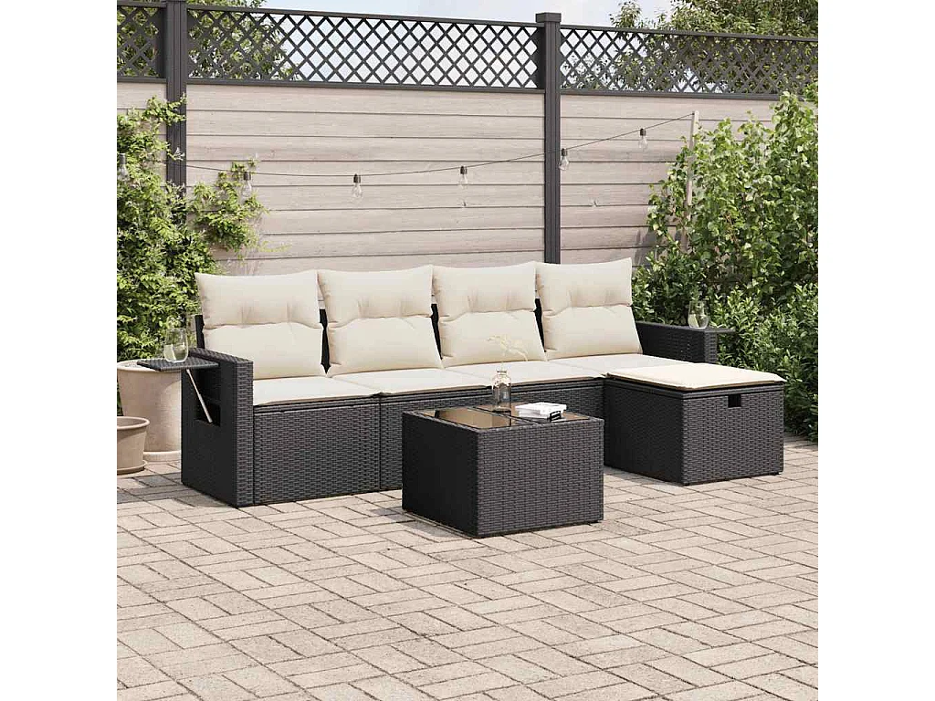 6-tlg. Garten-Sofagarnitur mit Kissen Schwarz Poly Rattan
