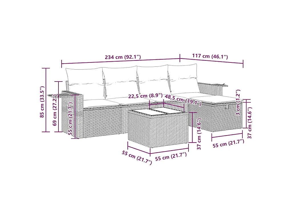 6-tlg. Garten-Sofagarnitur mit Kissen Schwarz Poly Rattan