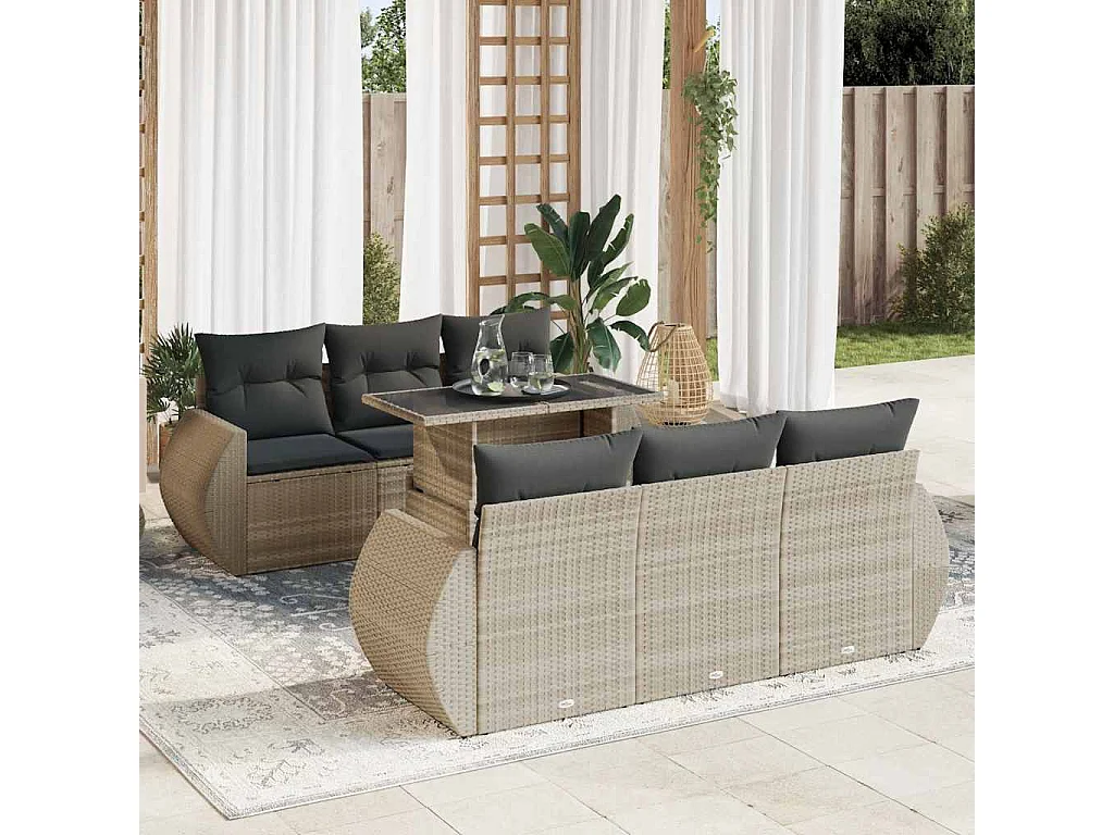 Salon de jardin avec coussins 7 pcs gris clair résine tressée