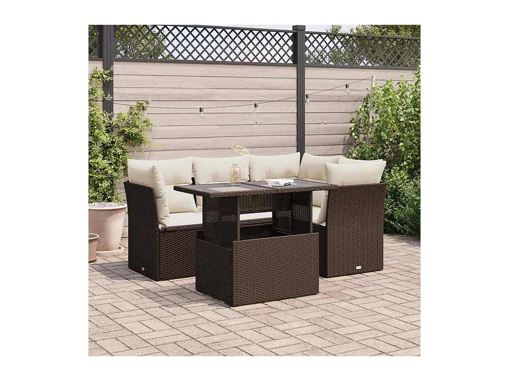 Salon de jardin avec coussins 5 pcs marron résine tressée