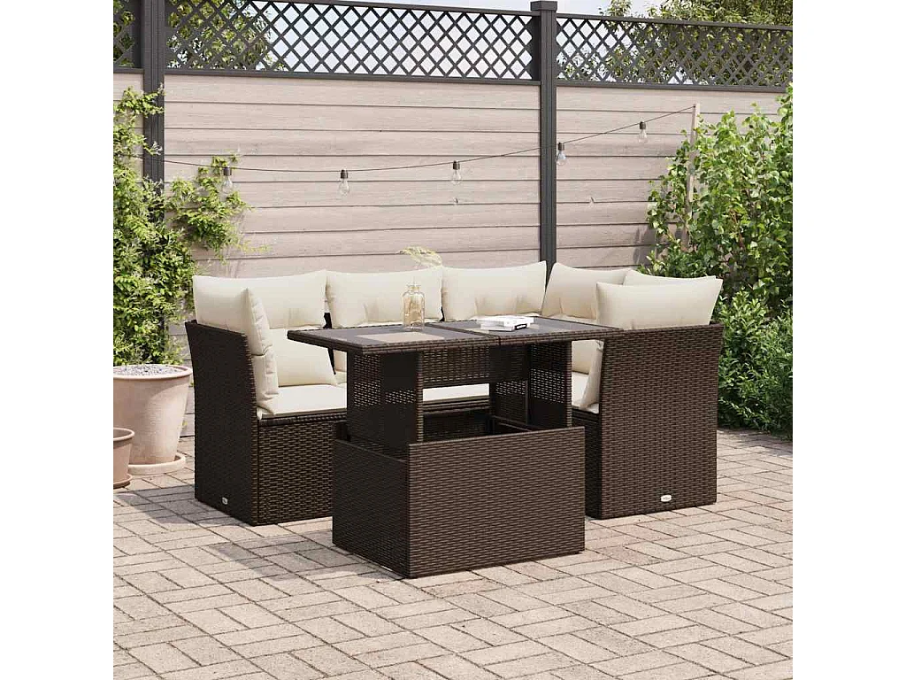 Set comedor de jardín 5 piezas y cojines ratán sintético marrón