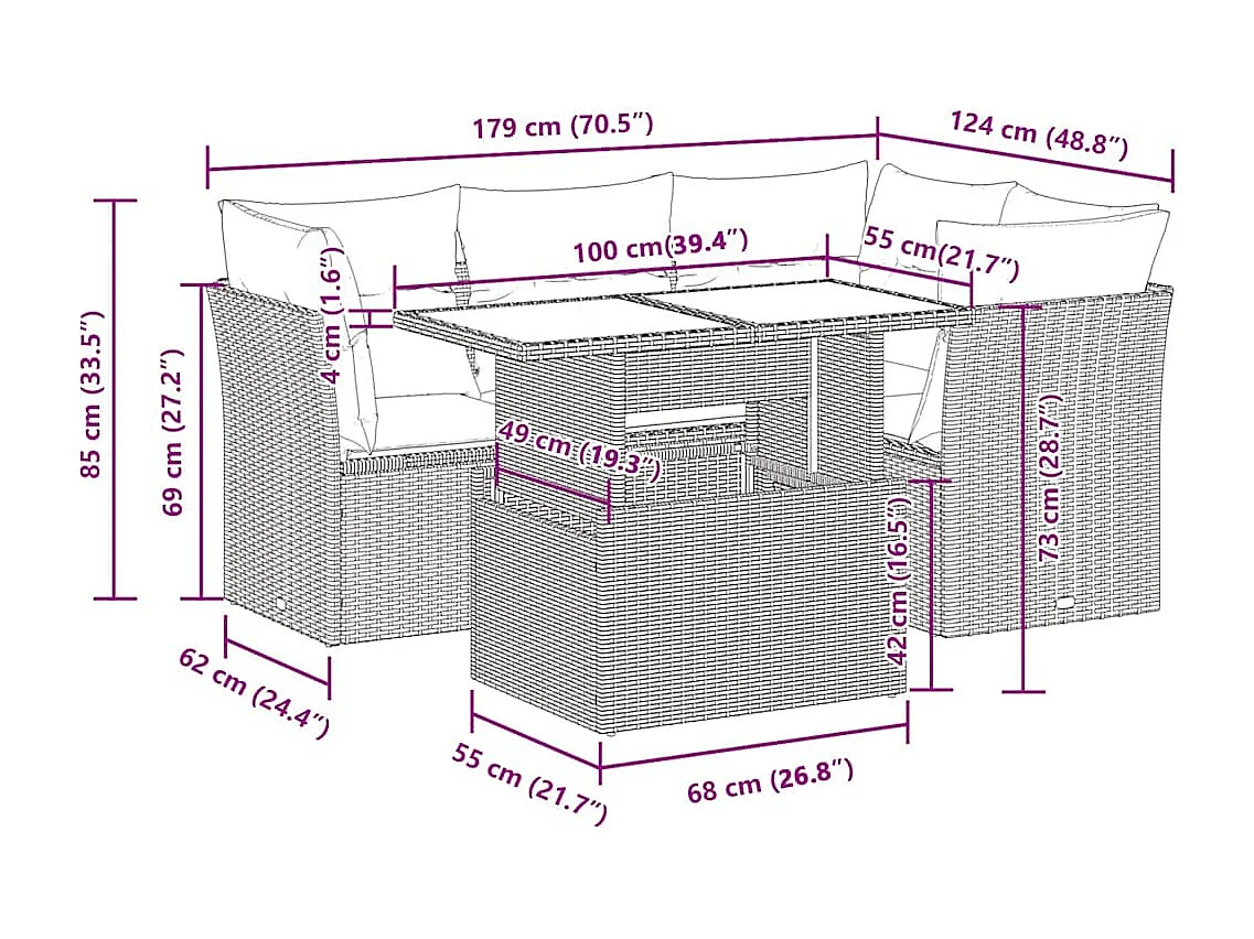 Set comedor de jardín 5 piezas y cojines ratán sintético marrón