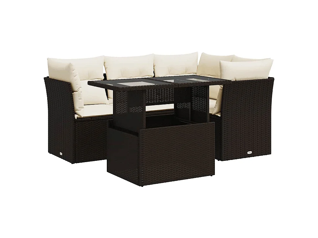 5-delige Loungeset met kussens poly rattan bruin