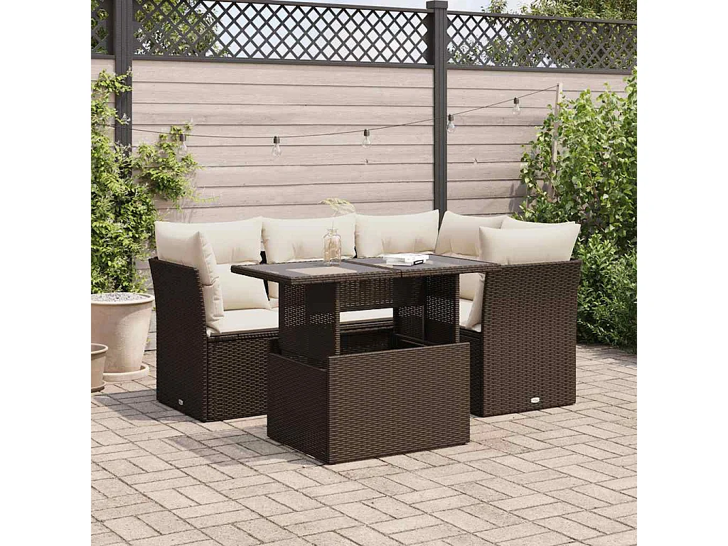 5-delige Loungeset met kussens poly rattan bruin