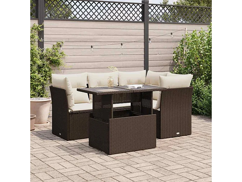 Set comedor de jardín 5 piezas y cojines ratán sintético marrón