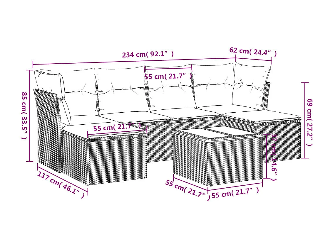 Salon de jardin avec coussins 7 pcs marron résine tressée
