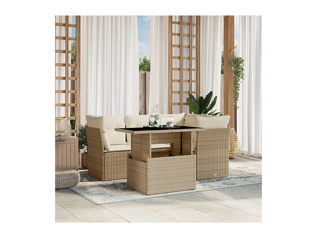 Set Divano da Giardino 5 pz con Cuscini Beige in Polyrattan
