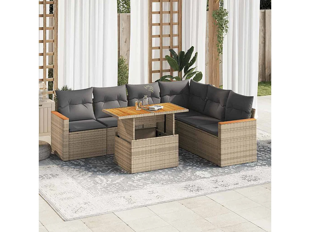 Salon de jardin avec coussins 7 pcs beige résine tressée acacia