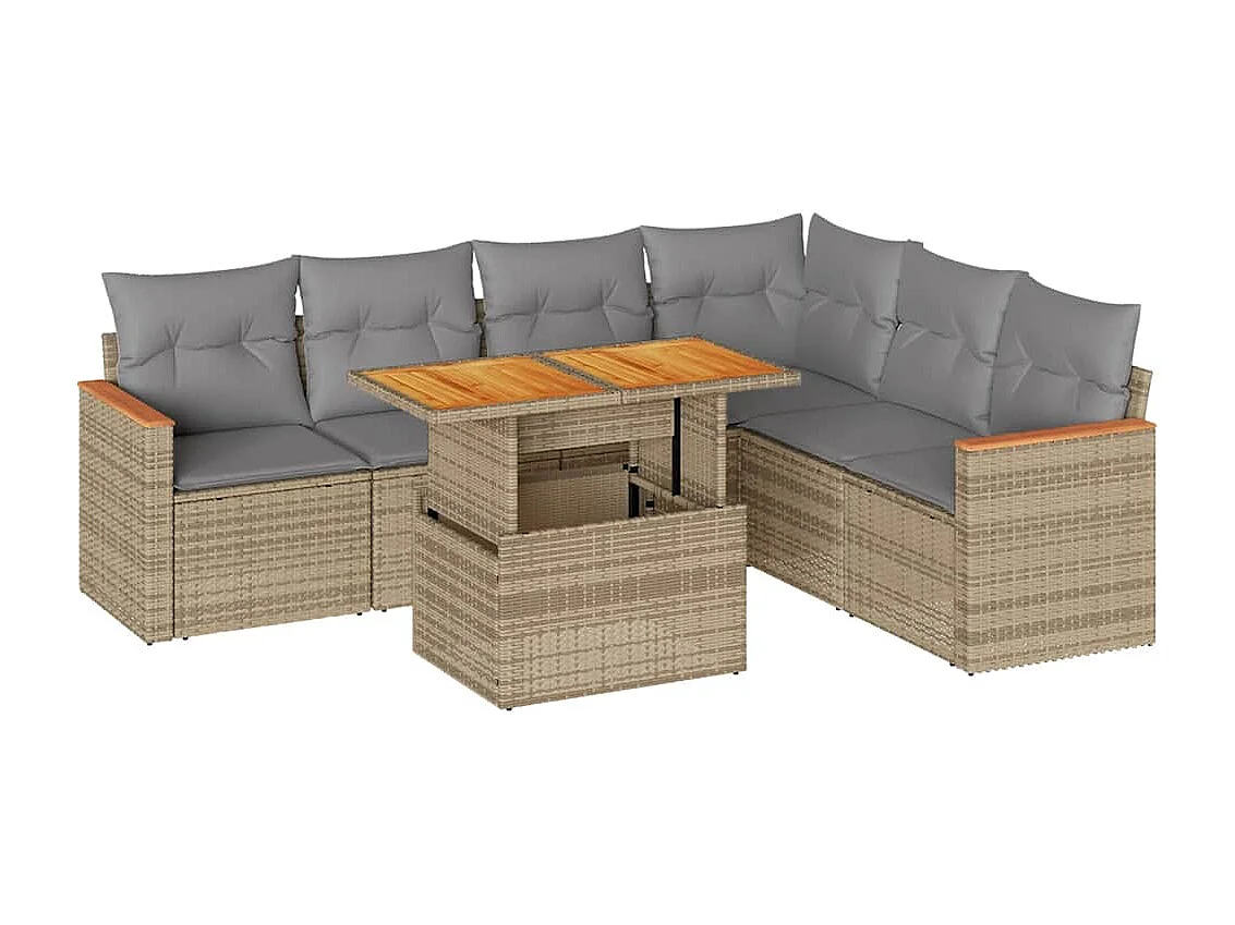 Salon de jardin avec coussins 7 pcs beige résine tressée acacia