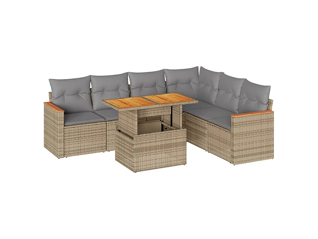 7-delige Loungeset met kussens poly rattan acacia beige