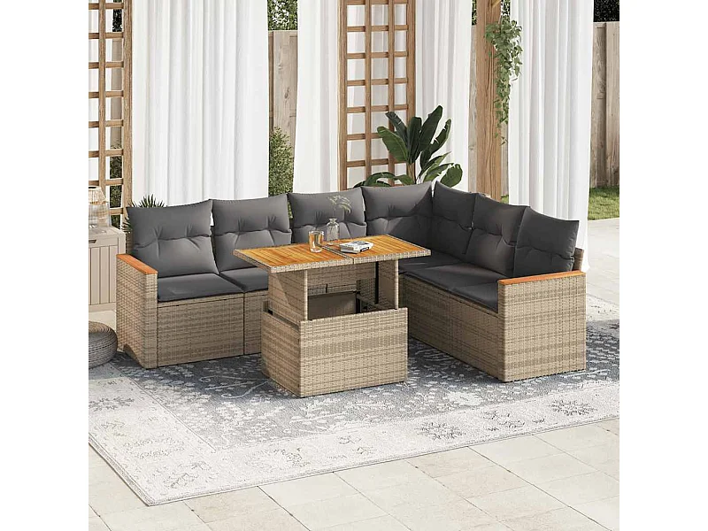Salon de jardin avec coussins 7 pcs beige résine tressée acacia