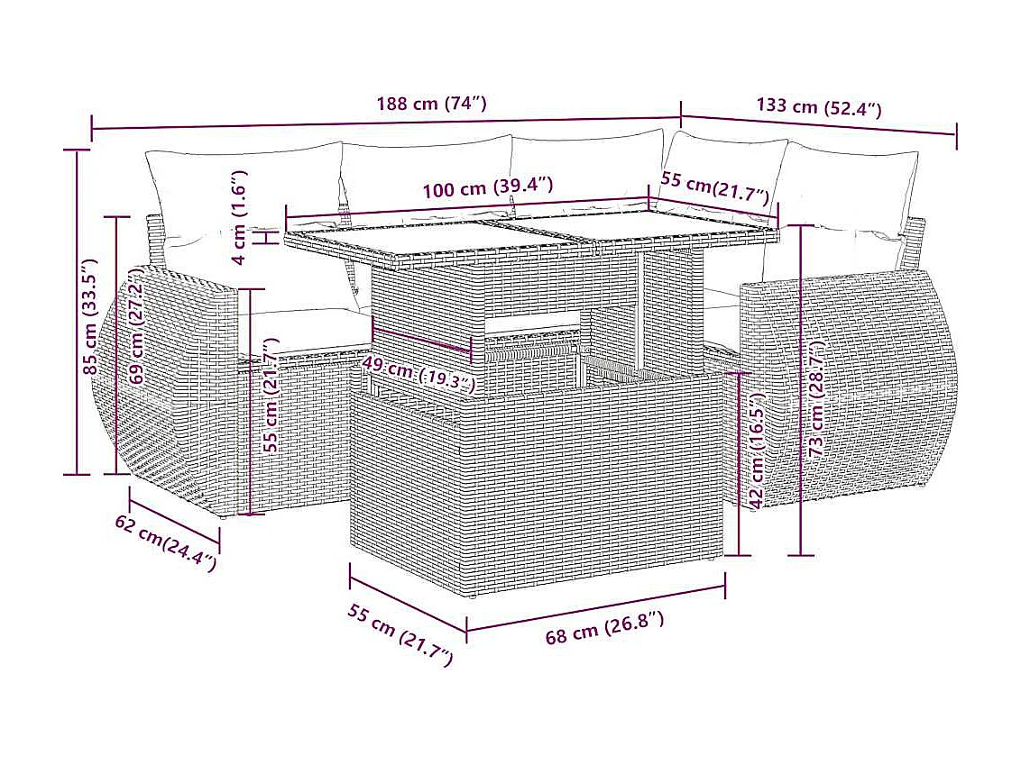 Set Divano da Giardino 5pz con Cuscini Grigio Chiaro Polyrattan