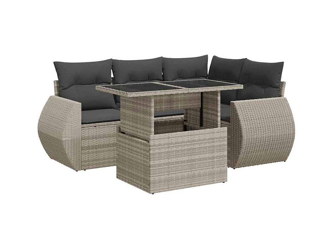 Salon de jardin 5 pcs avec coussins gris clair résine tressée