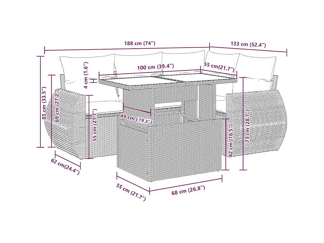 Salon de jardin 5 pcs avec coussins gris clair résine tressée