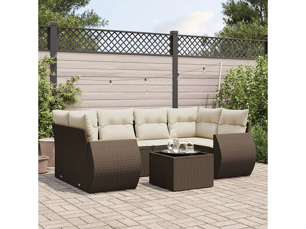Salon de jardin avec coussins 7 pcs marron résine tressée