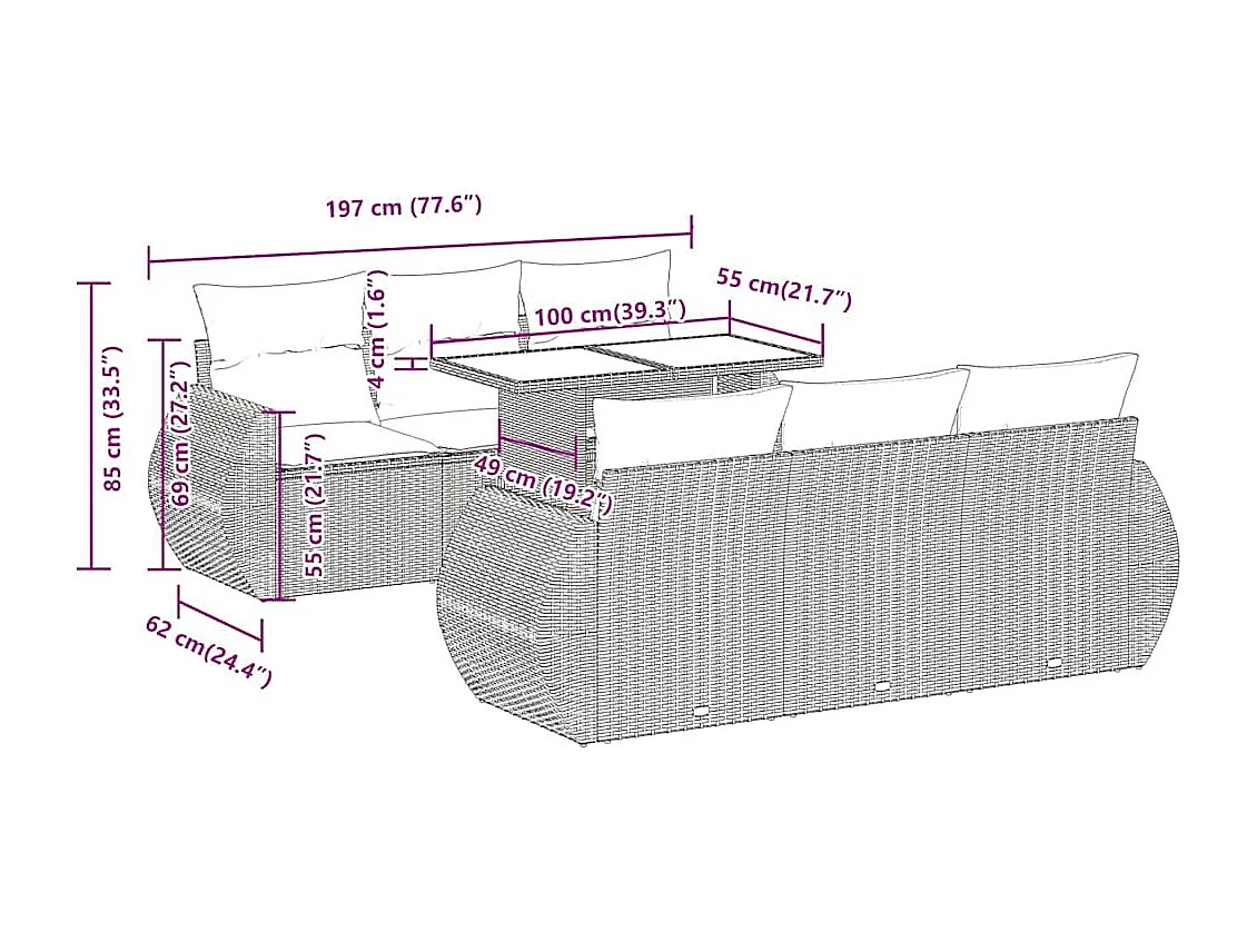 7-delige Loungeset met kussens poly rattan bruin