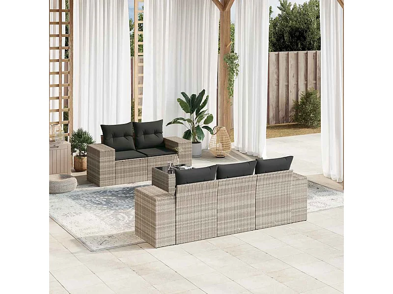 6-tlg. Garten-Sofagarnitur mit Kissen Hellgrau Poly Rattan