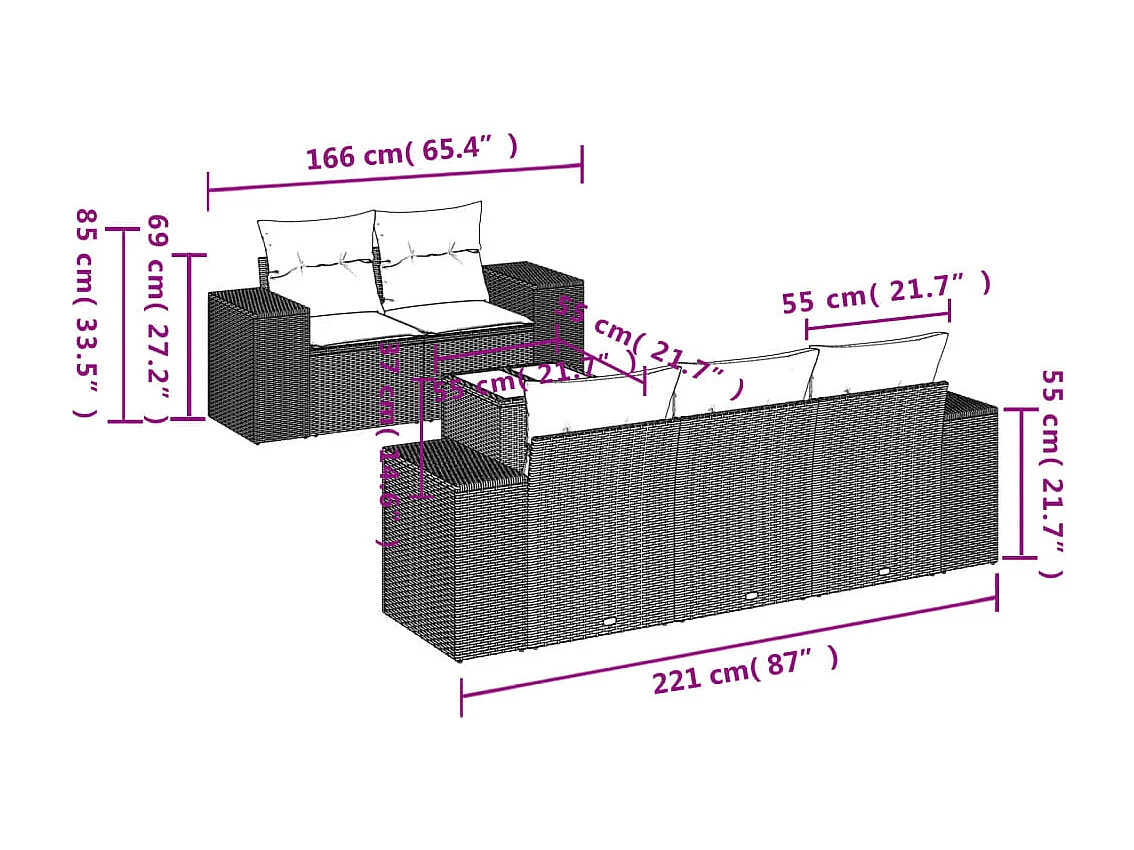Salon de jardin 6 pcs avec coussins gris clair résine tressée