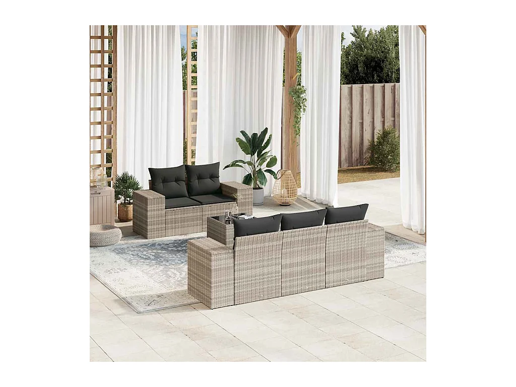 6-tlg. Garten-Sofagarnitur mit Kissen Hellgrau Poly Rattan