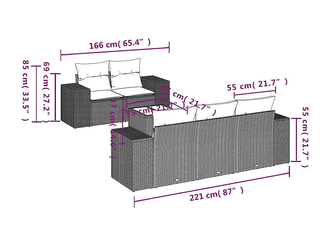 Salon de jardin 6 pcs avec coussins gris clair résine tressée