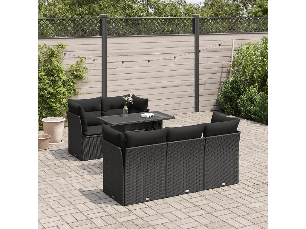 6-delige Loungeset met kussens poly rattan zwart