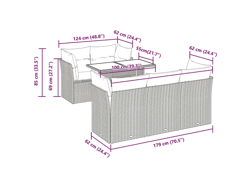 6-delige Loungeset met kussens poly rattan zwart
