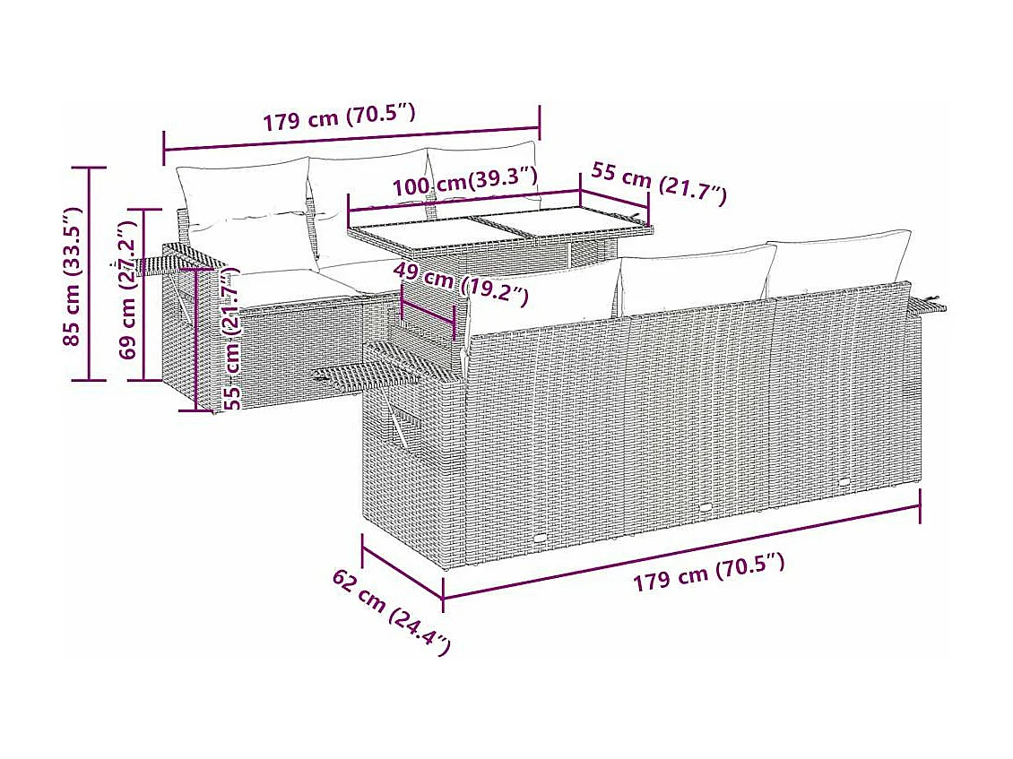 7-tlg. Garten-Sofagarnitur mit Kissen Schwarz Poly Rattan