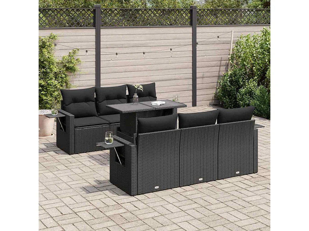 7-tlg. Garten-Sofagarnitur mit Kissen Schwarz Poly Rattan