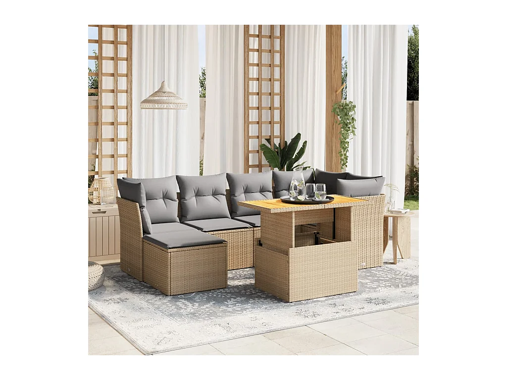 Salon de jardin avec coussins 7 pcs beige résine tressée