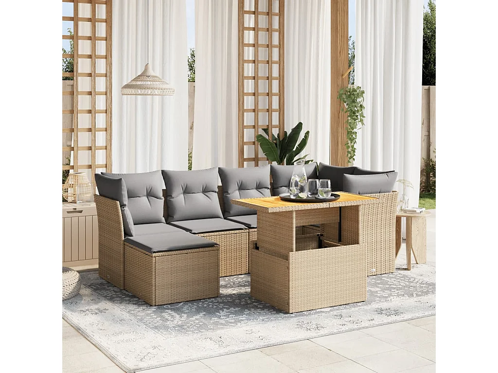 7-tlg. Garten-Sofagarnitur mit Kissen Beige Poly Rattan