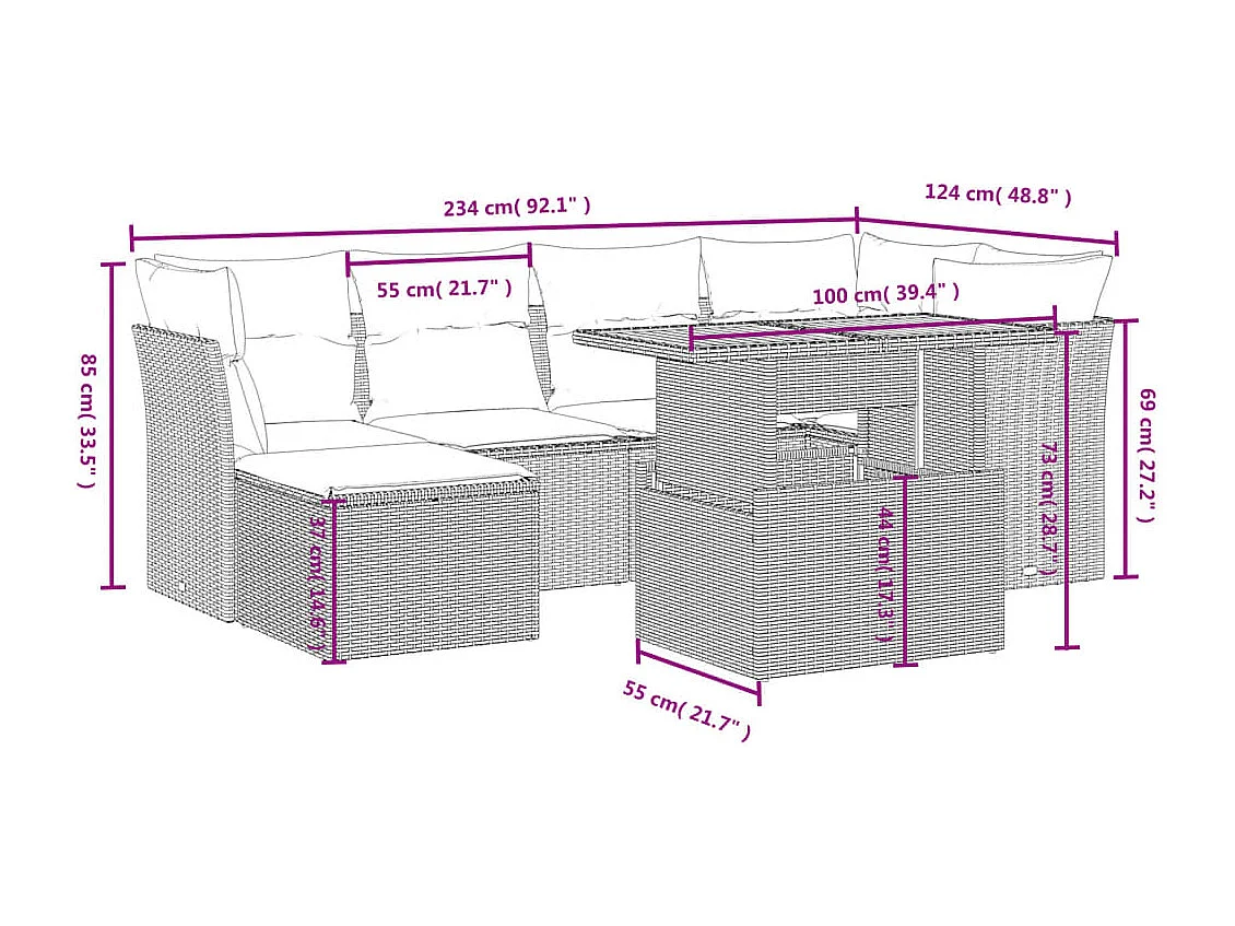 7-tlg. Garten-Sofagarnitur mit Kissen Beige Poly Rattan