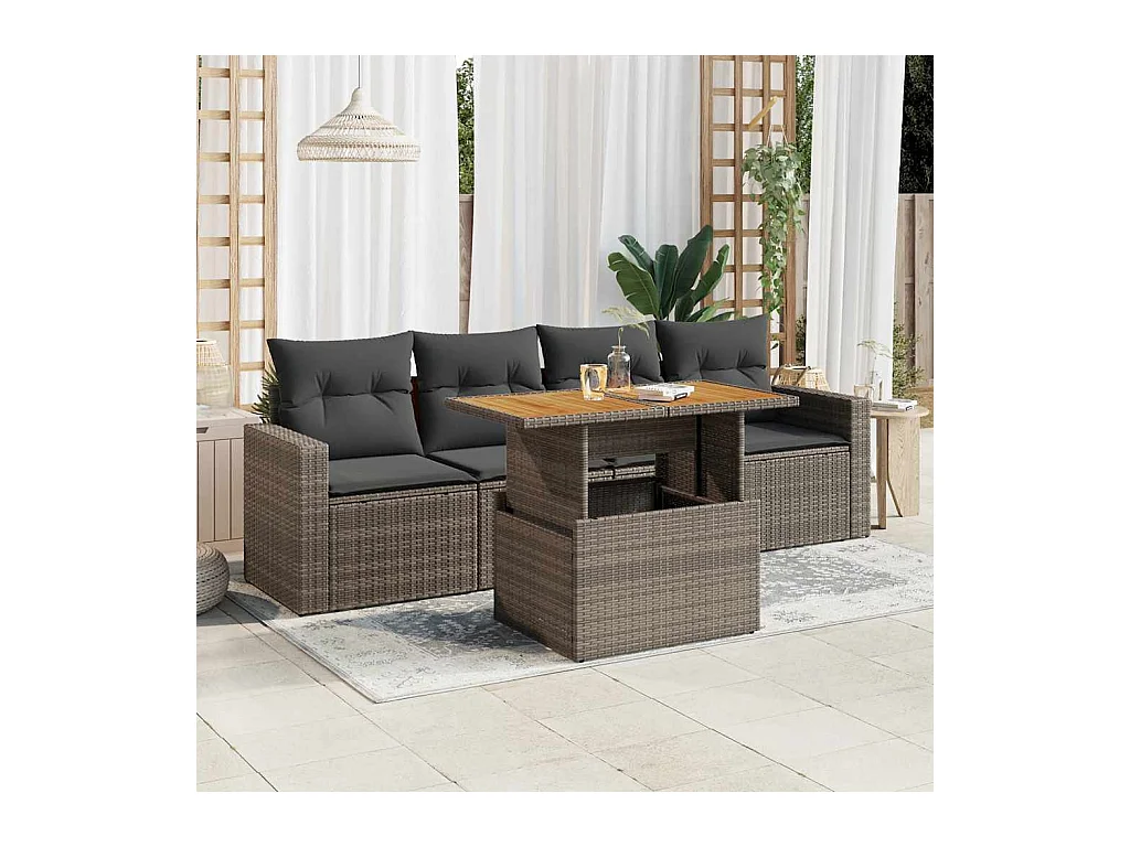 Salon de jardin 5 pcs avec coussins gris résine tressée