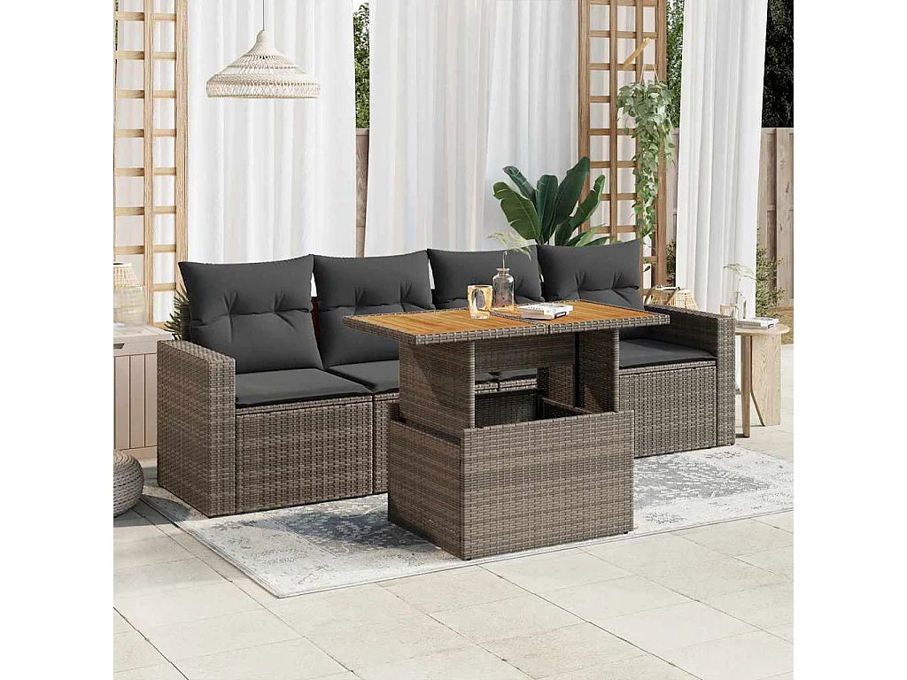 Salon de jardin 5 pcs avec coussins gris résine tressée
