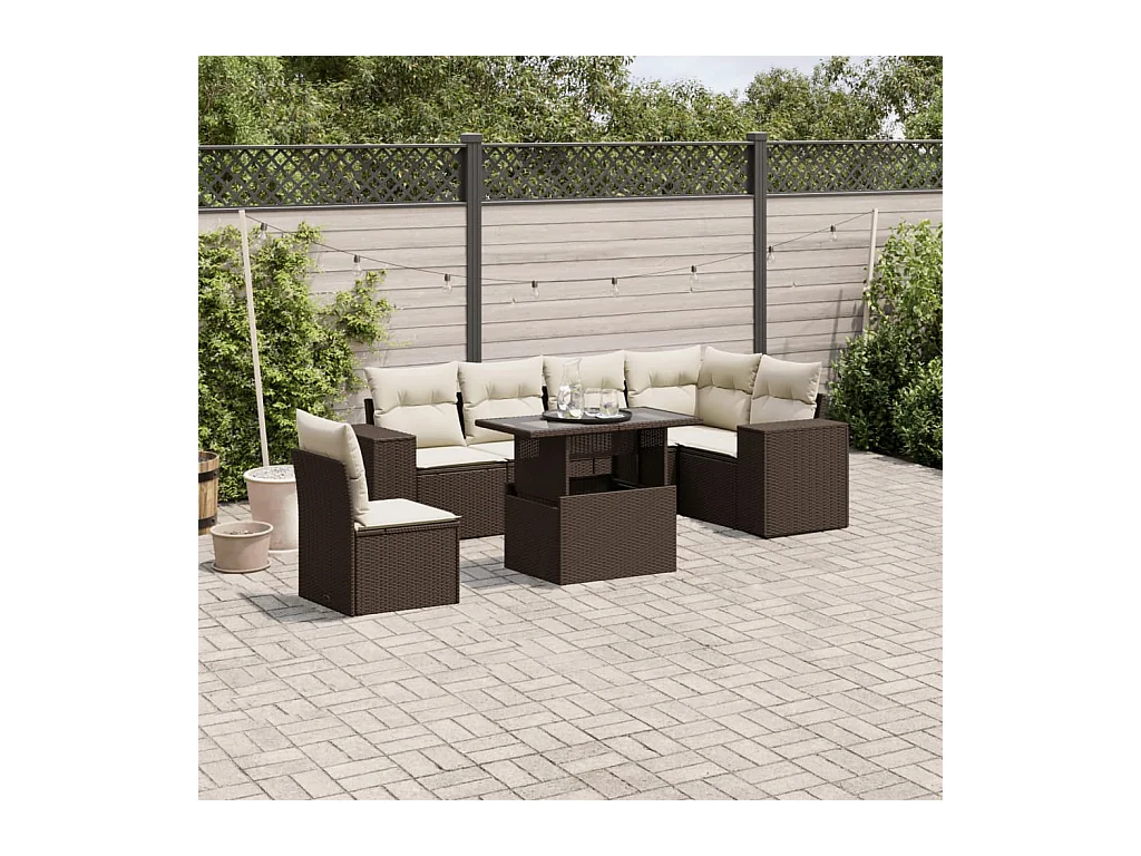 7-tlg. Garten-Sofagarnitur mit Kissen Braun Poly Rattan