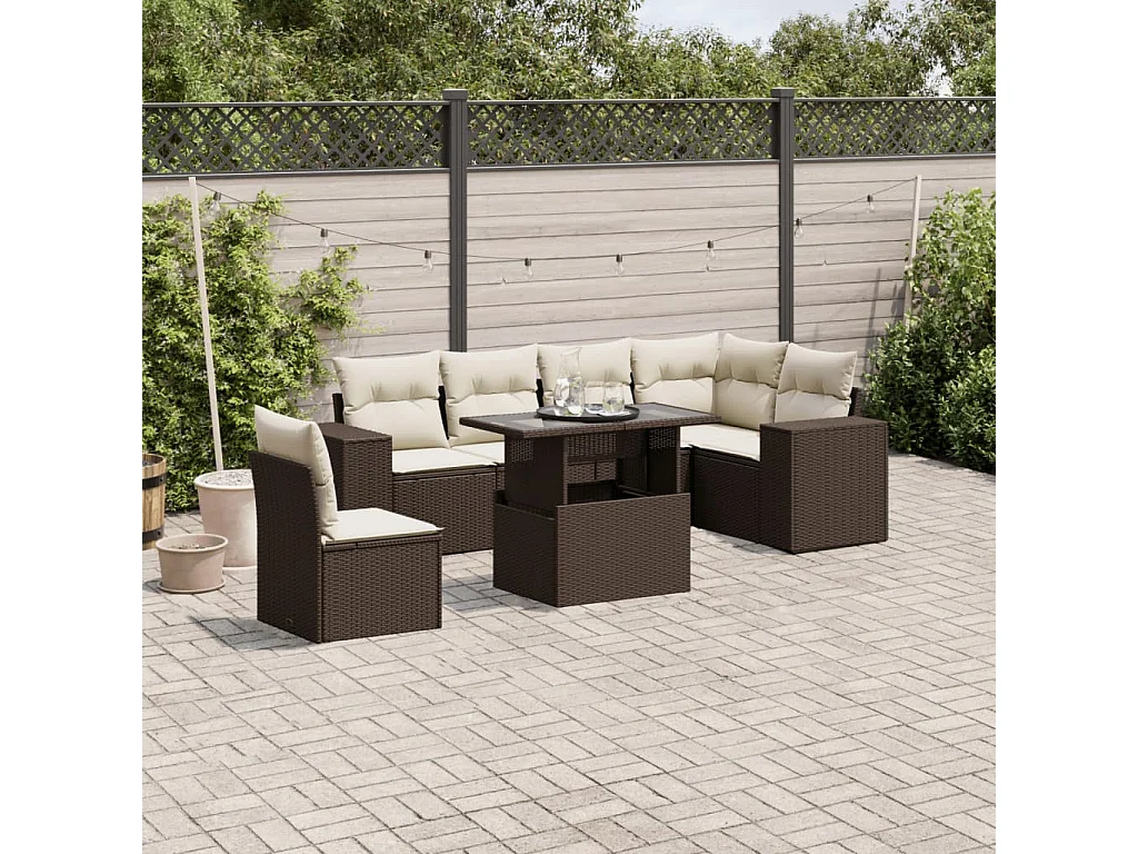 7-delige Loungeset met kussens poly rattan bruin