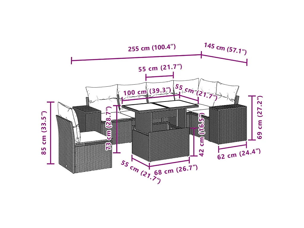 7-delige Loungeset met kussens poly rattan bruin