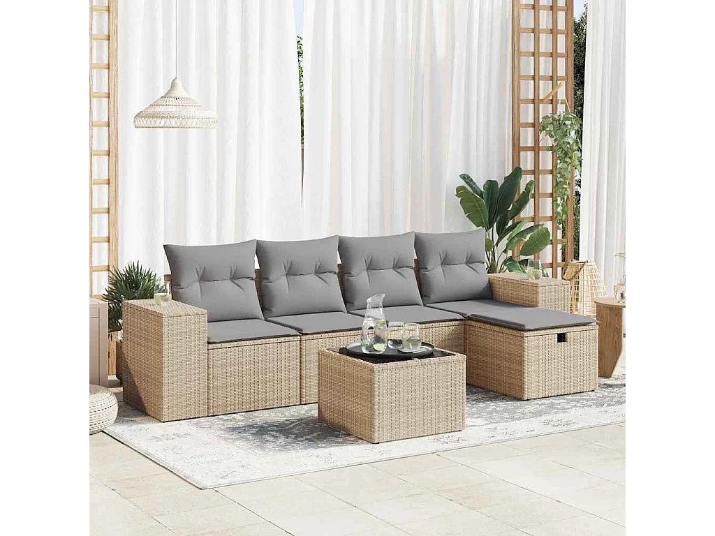 Salon de jardin avec coussins 6 pcs beige résine tressée