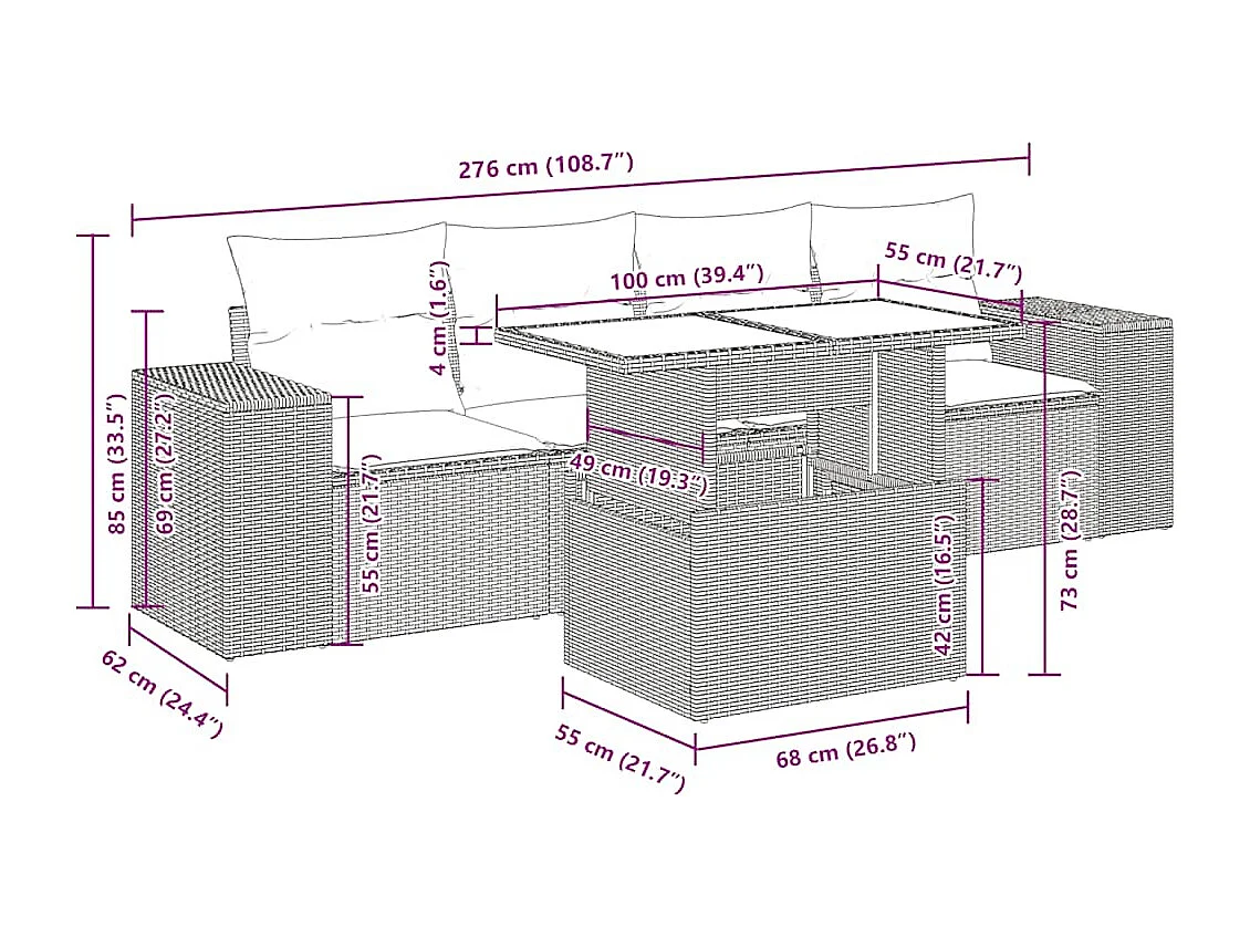 Salon de jardin 5 pcs avec coussins noir résine tressée